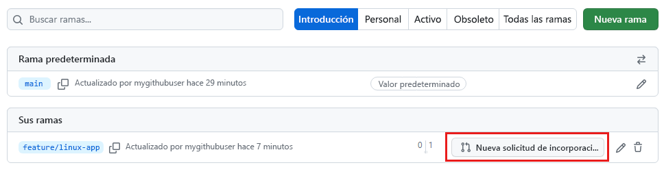 Captura de pantalla de GitHub que muestra el vínculo para crear una solicitud de incorporación de cambios para la rama de aplicación linux de barra diagonal de características.