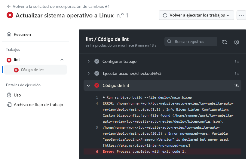 Captura de pantalla de GitHub que muestra el registro de flujo de trabajo, incluido el error de validación.