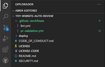 Captura de pantalla de Visual Studio Code que muestra el archivo YML de punto de validación de PR dentro de la carpeta de flujos de trabajo.