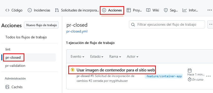 Captura de pantalla del panel Acciones de GitHub que muestra que el flujo de trabajo cerrado de PR se está ejecutando.