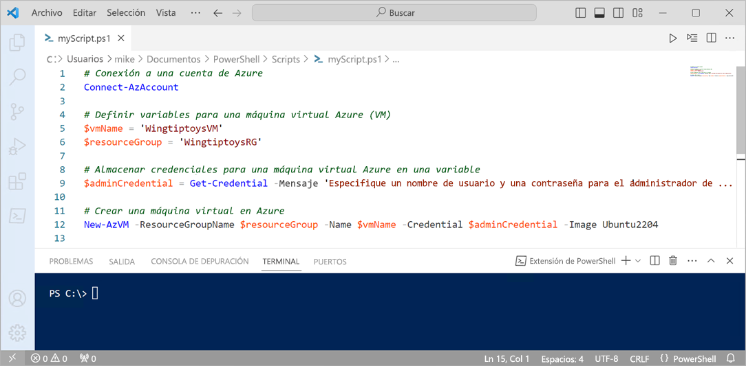 Captura de pantalla de VS Code con un script de PowerShell para crear una máquina virtual en Azure.