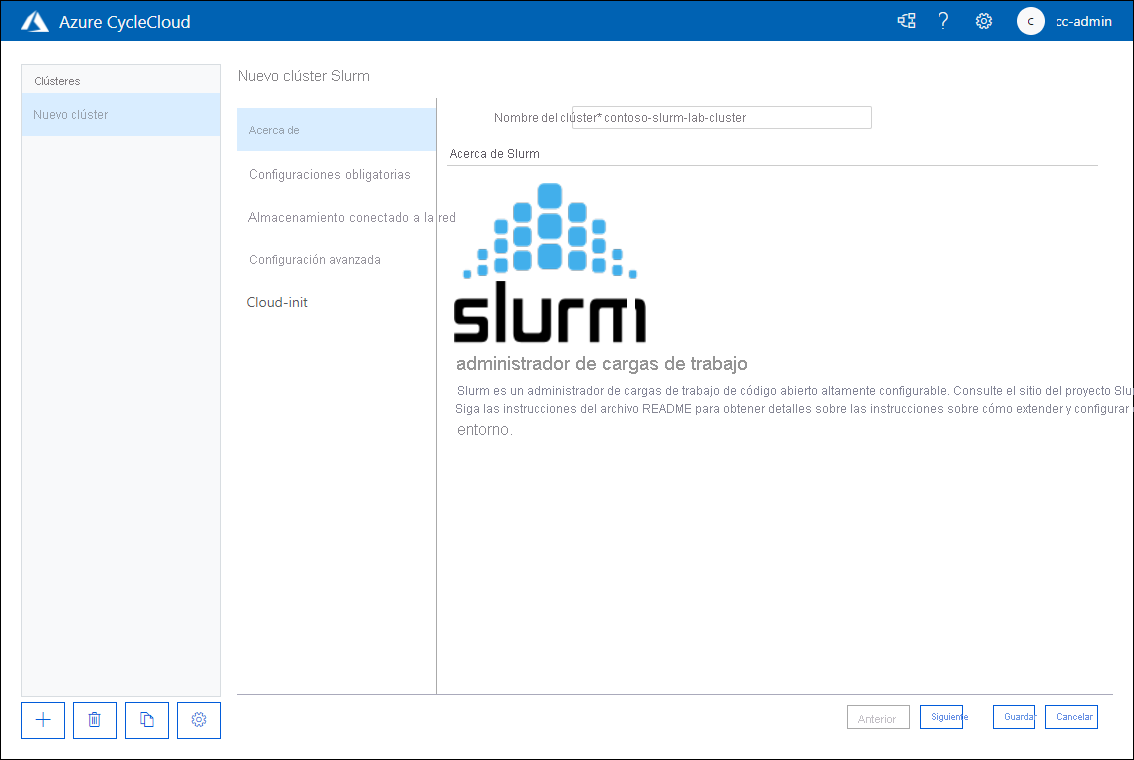 Captura de pantalla que muestra la pestaña Acerca de de la página New Slurm Cluster (Nuevo clúster de Slurm) de la aplicación web de Azure CycleCloud.