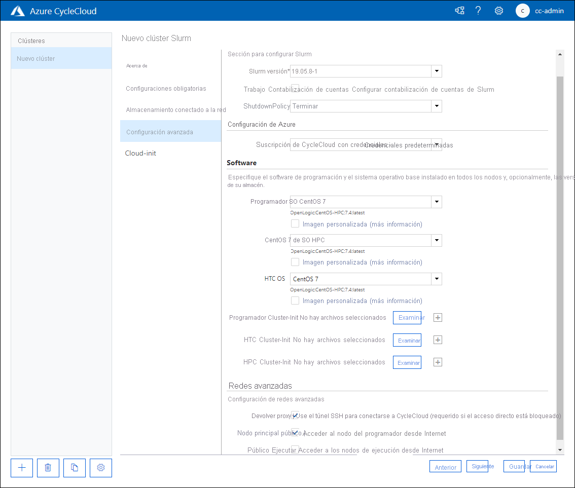 Captura de pantalla que muestra la pestaña Configuración avanzada de la página New Slurm Cluster (Nuevo clúster de Slurm) de la aplicación web de Azure CycleCloud.