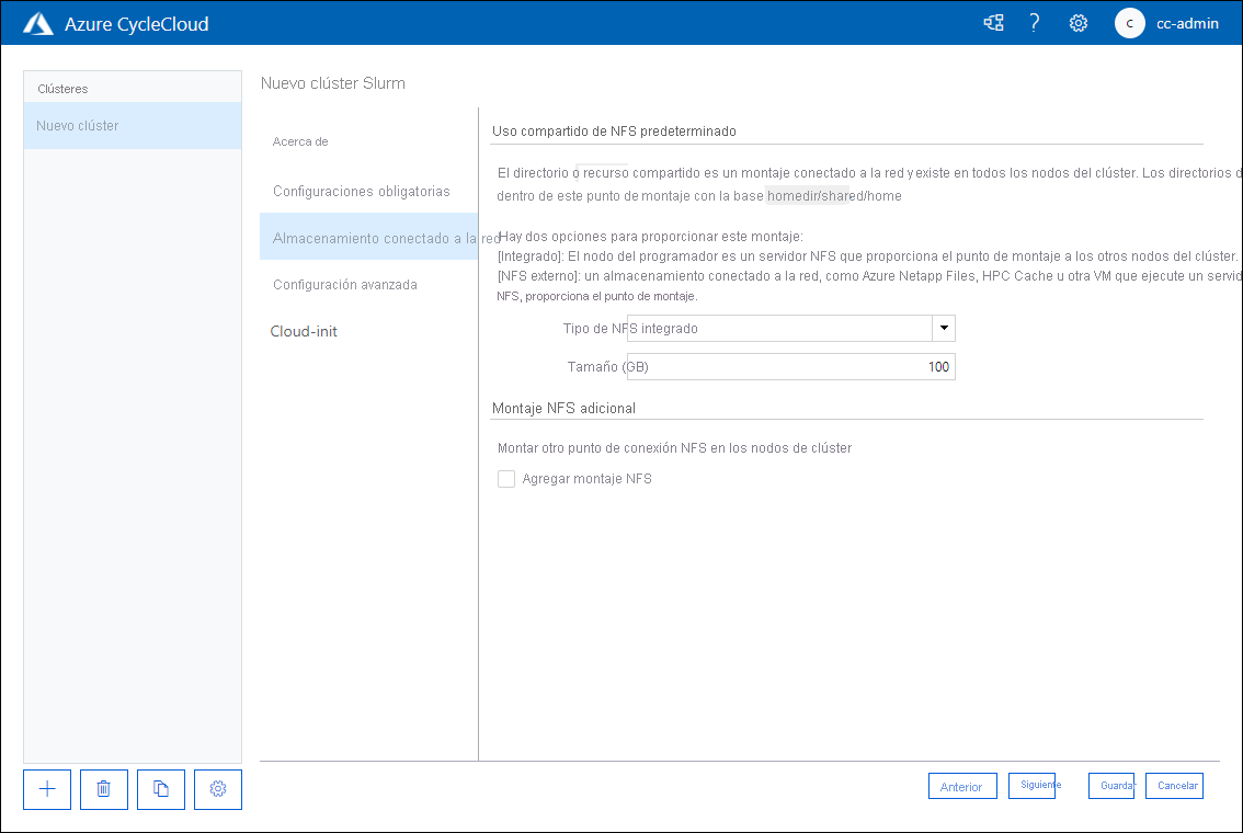 Captura de pantalla que muestra la pestaña Network Attached Storage (Almacenamiento conectado a la red) de la página New Slurm Cluster (Nuevo clúster de Slurm) de la aplicación web de Azure CycleCloud.