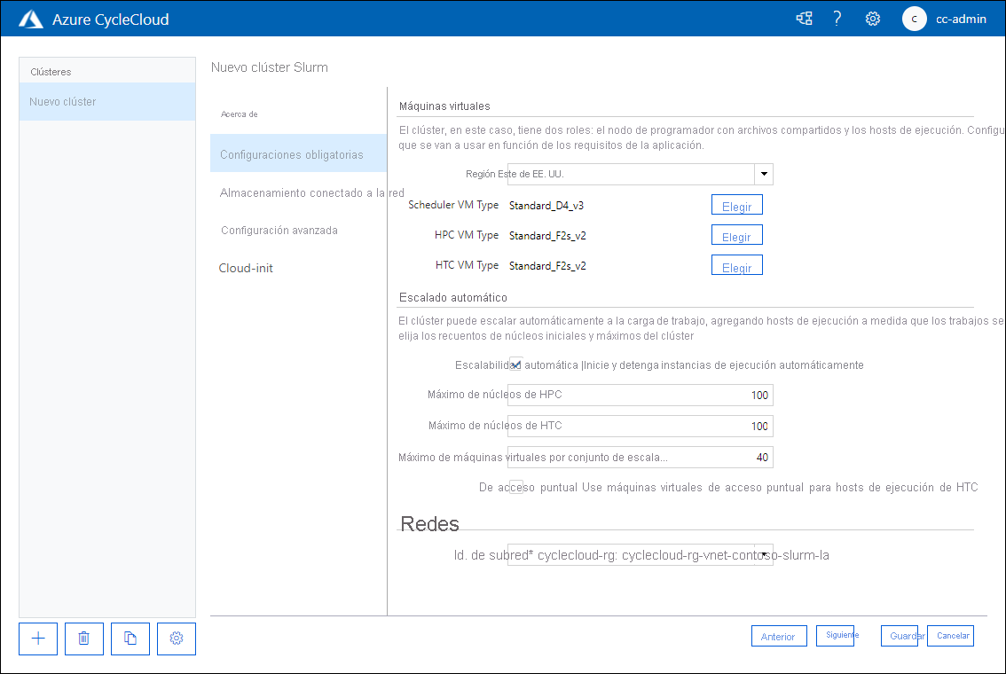 Captura de pantalla que muestra la pestaña Valores obligatorios en la página New Slurm Cluster (Nuevo clúster de Slurm) de la aplicación web Azure CycleCloud.