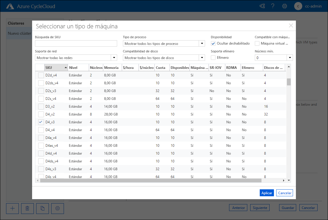 Captura de pantalla que muestra la ventana emergente para seleccionar un tipo de máquina en la página New Slurm Cluster (Nuevo clúster de Slurm) de la aplicación web Azure CycleCloud.