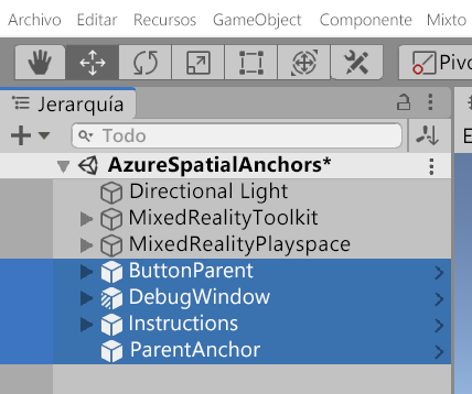 Screenshot of prefabs added to the Hierarchy pane.