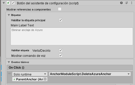 Screenshot of Unity with the DeleteAzureAnchor button's OnClick event configured.