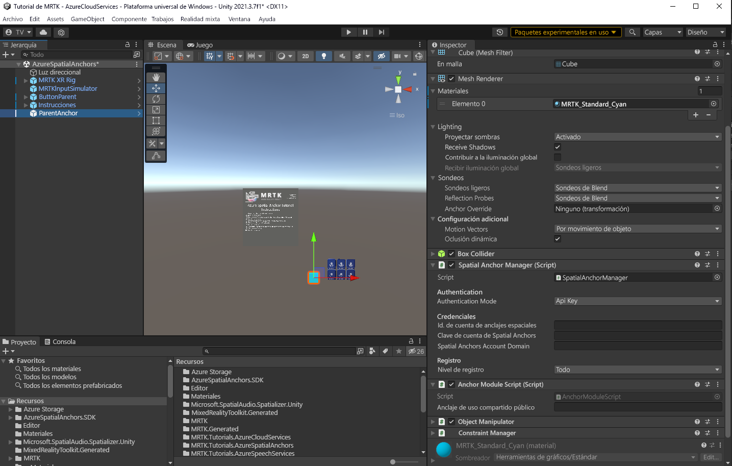 Screenshot of Unity with the Spatial Anchor Manager configured.