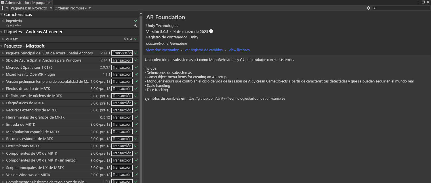 Screenshot of selections for verifying the AR Foundation version for Package Manager.