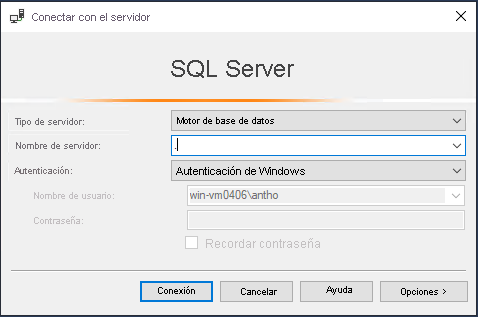 Captura de pantalla en la que se muestra cómo conectarse a SQL Server 2019 en SSMS.