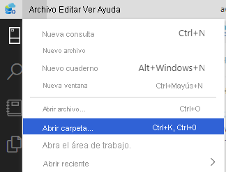 Captura de pantalla de la apertura de una carpeta en Azure Data Studio.