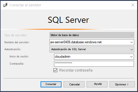 Screenshot that shows how to connect to SQL Database in SSMS.