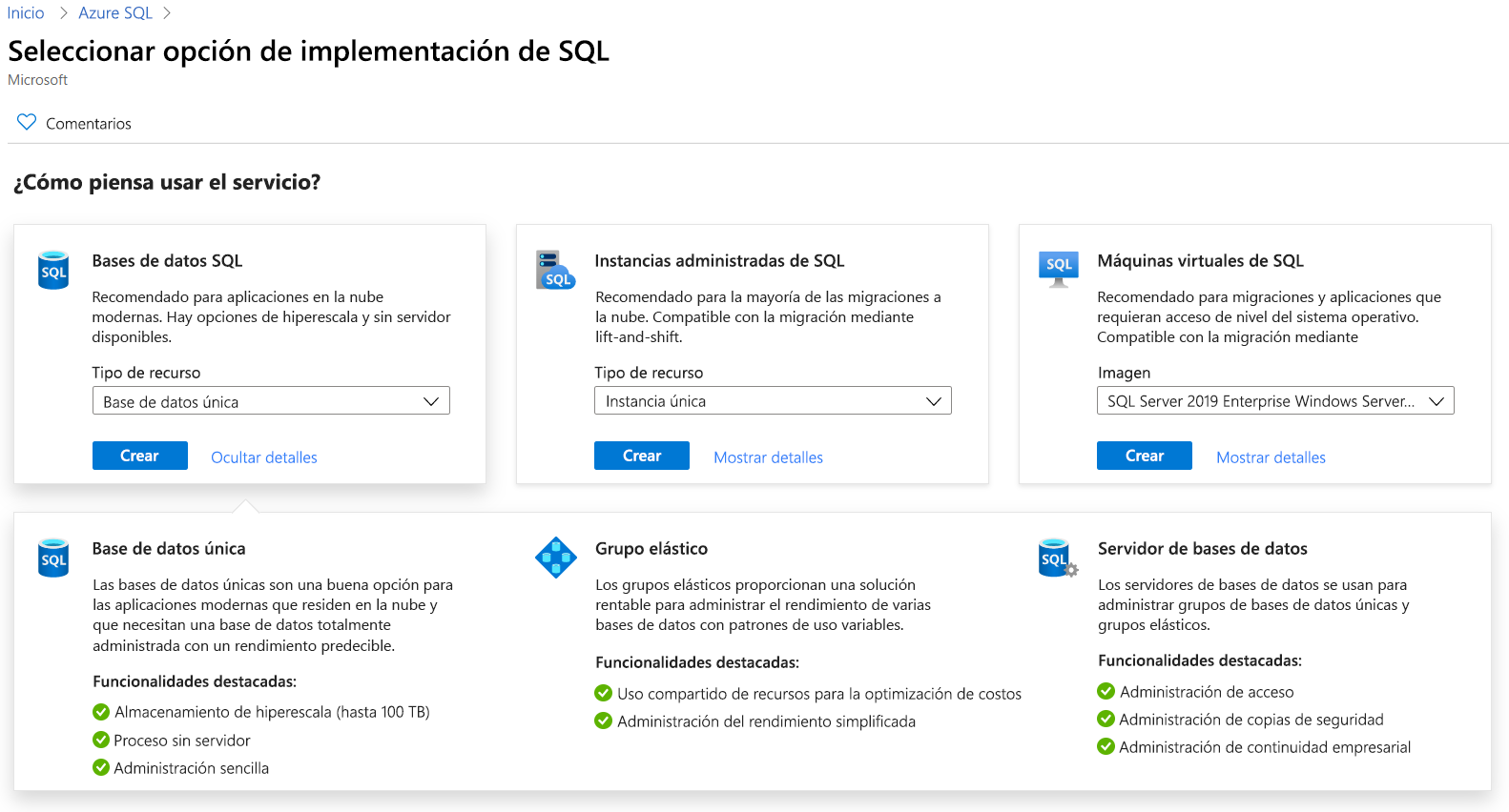 Captura de pantalla en la que se muestran las opciones de implementación de Azure SQL en Azure Portal.