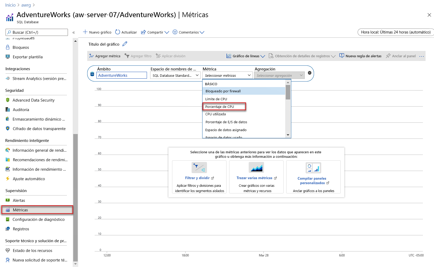 Screenshot of Azure Monitor metrics.