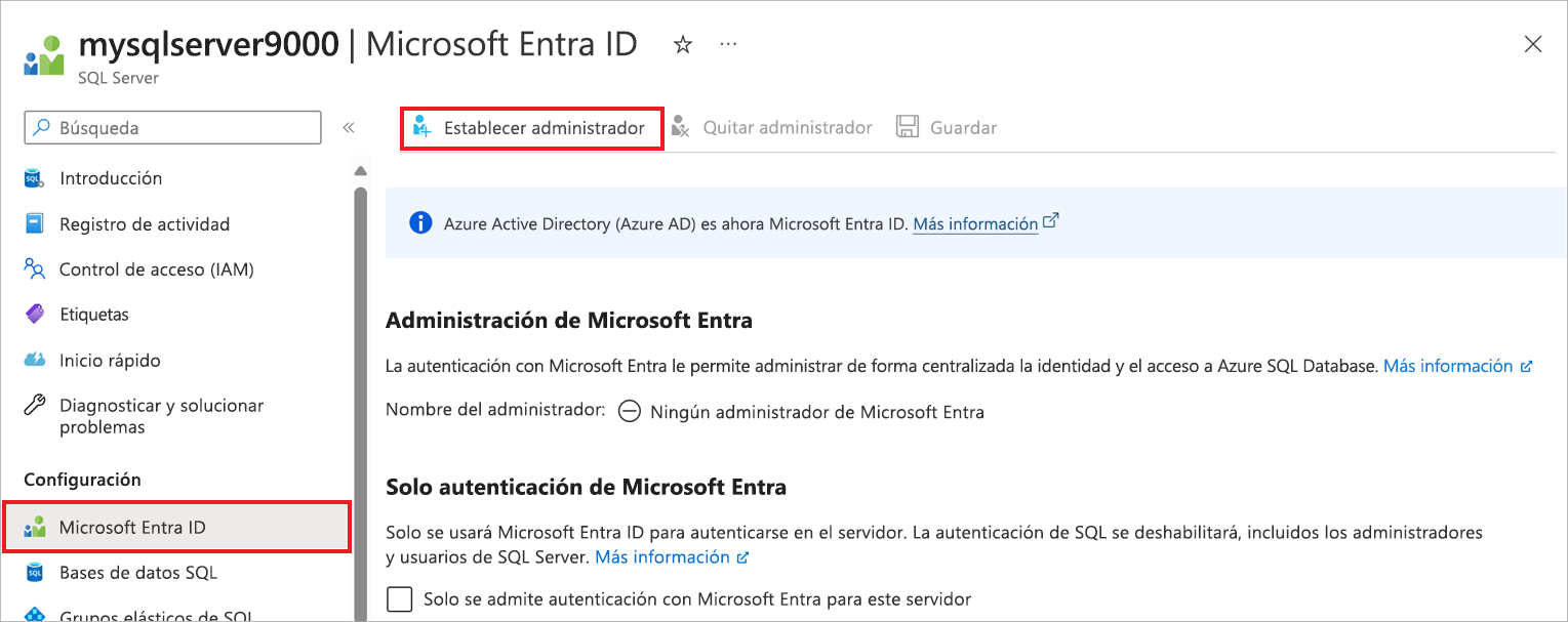 Screenshot of setting the Microsoft Entra administrator.