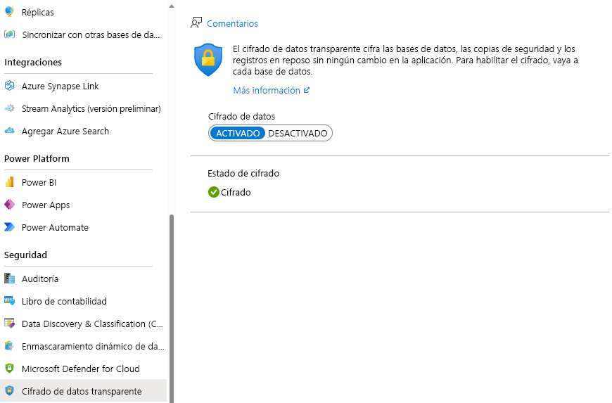 Screenshot of confirming TDE is on in the Azure portal.