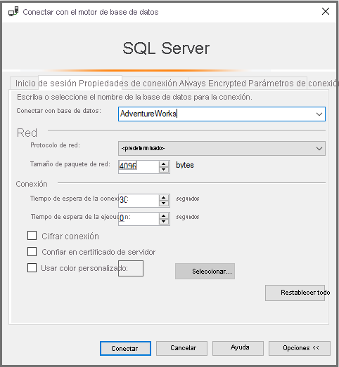 Screenshot of how to connect to a specific database.