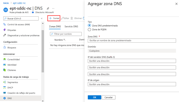 Captura de pantalla de Azure Portal en la que se muestra dónde configurar las zonas DNS en Workload Networking.