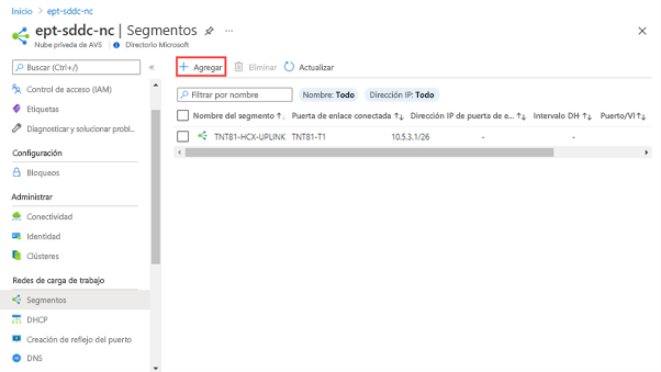 Captura de pantalla de Azure Portal en la que se muestra cómo agregar un segmento de red de NSX-T Manager.