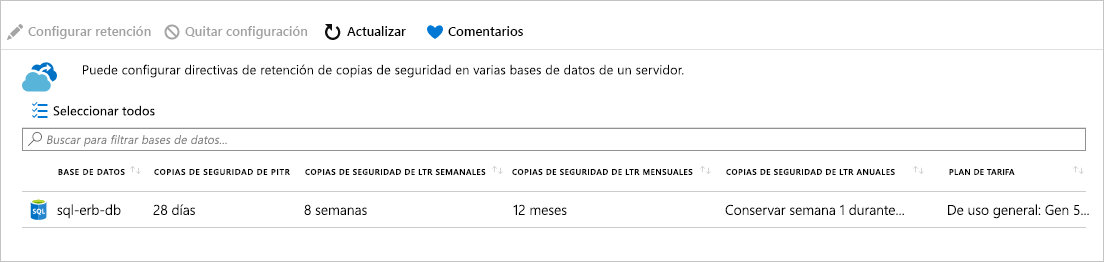 Captura de pantalla de la configuración completa de la directiva de retención a largo plazo.