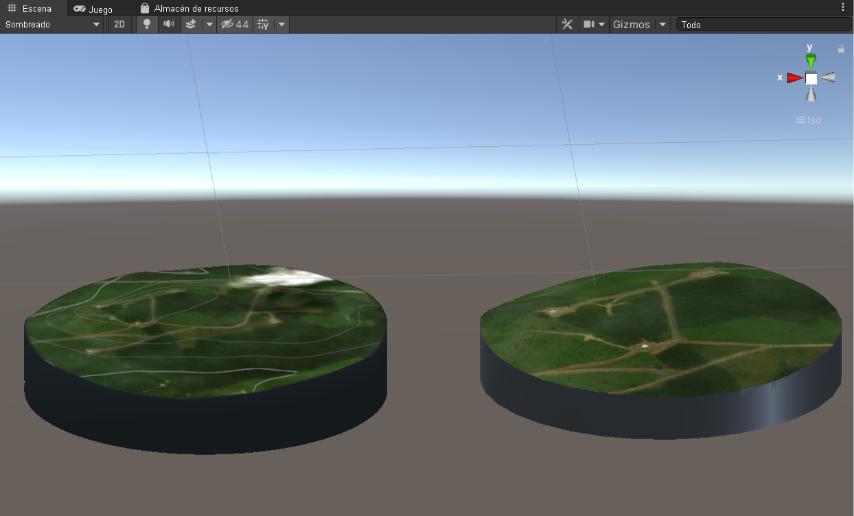 Screenshot of the main scene in play mode with the static and Bing Maps terrains side by side.