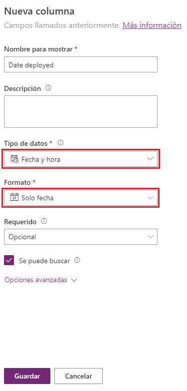 Captura de la pantalla para agregar una columna de fecha, con el formato y el tipo de datos resaltados