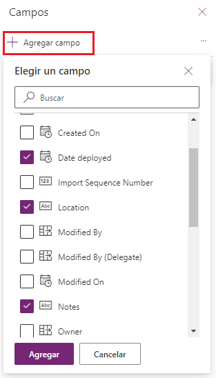 Captura de pantalla del cuadro de diálogo de campos, con Agregar campo resaltado y varias casillas marcadas junto a las columnas que queremos agregar a la vista