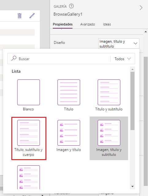 Captura de pantalla de las opciones de diseño de la galería, con la opción Título, subtítulo y cuerpo seleccionada