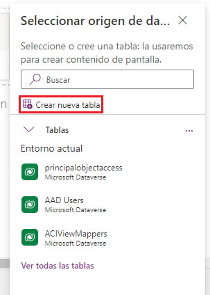 Captura de pantalla del menú emergente Seleccionar un origen de datos, con la opción Crear nueva tabla seleccionada