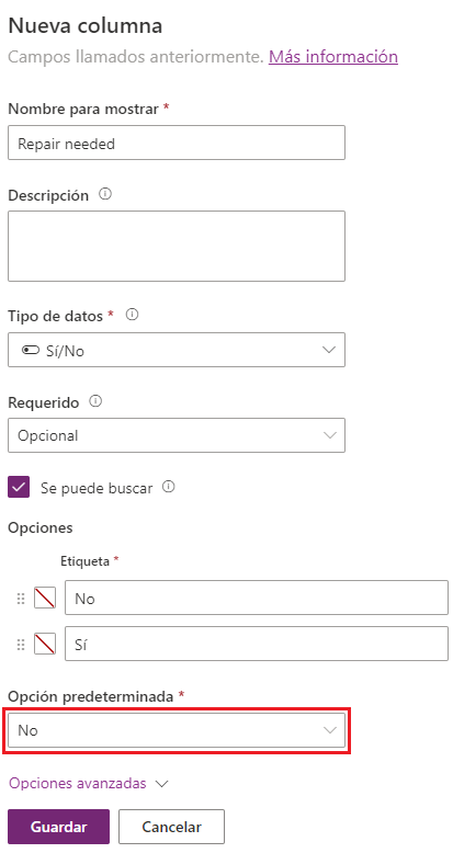 Captura de la pantalla en la que agregamos una columna Sí/No, con la opción No como predeterminada