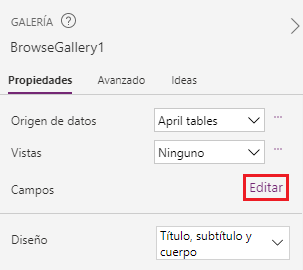 Captura de pantalla de las propiedades de la galería, con el botón Editar, en Campos, resaltado