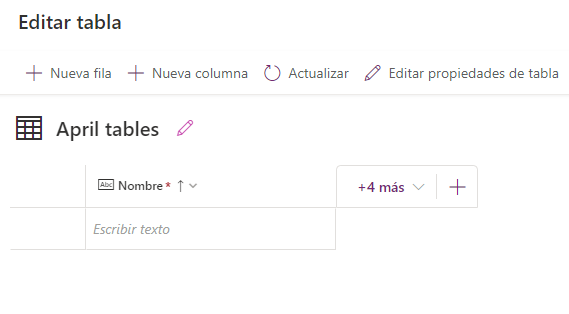 Captura de la pantalla Editar tabla, con el encabezado de edición y la tabla en blanco