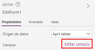 Captura de pantalla del panel de propiedades, con Editar formulario y Editar campos resaltados
