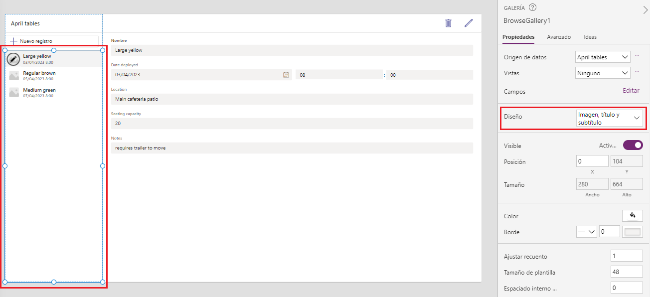 Captura de pantalla con la galería seleccionada y el panel de propiedades, con el botón Editar, en Campos, resaltado