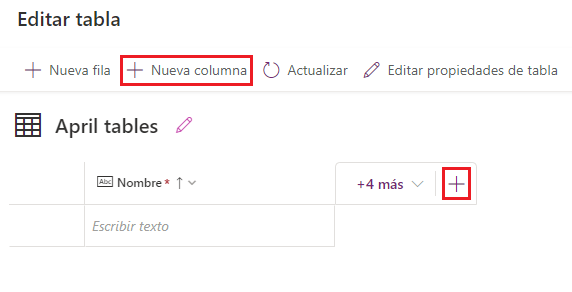 Captura de la pantalla Editar tabla, con los botones de Nueva columna resaltados