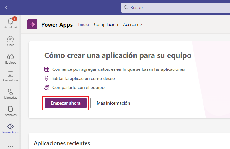 Captura de pantalla del menú de la pantalla de inicio de Power Apps, con Iniciar ahora seleccionado