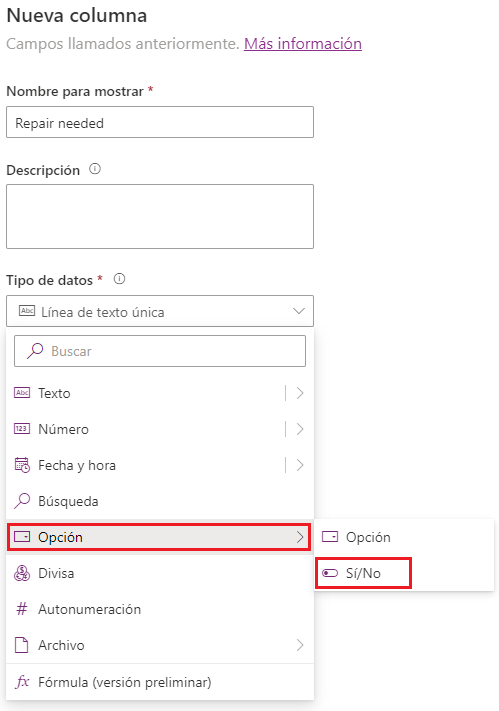 Captura de la pantalla en la que agregamos una columna Sí/No, con estas opciones resaltadas