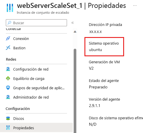 Captura de pantalla de Azure Portal en la que se muestra el sistema operativo del conjunto de escalado de máquinas virtuales.