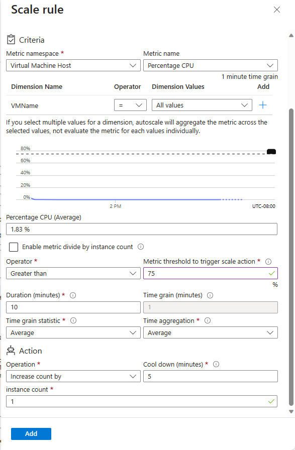 Captura de pantalla de una regla de escalado basada en métricas en Azure Portal