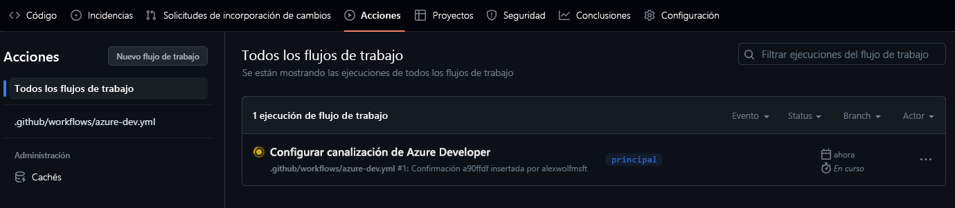 Captura de pantalla que muestra un flujo de trabajo de Acciones de GitHub en ejecución.
