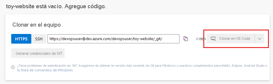 Captura de pantalla en la que se muestra la configuración del repositorio con el botón Clone in VS Code (Clonar en VS Code) resaltado.