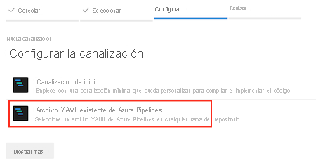 Captura de pantalla en la que se muestra la opción Archivo YAML de Azure Pipelines existente resaltada.