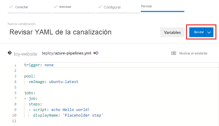 Captura de pantalla en la que se muestra el paso Revisar del flujo de creación de una canalización, con el botón Ejecutar resaltado.