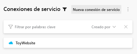 Captura de pantalla de Azure DevOps que muestra la lista de conexiones de servicio, con la conexión ToyWebsite incluida.