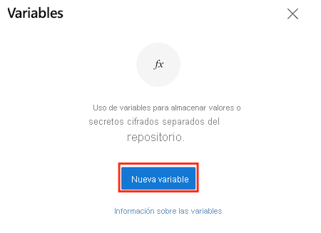 Captura de pantalla de Azure DevOps que muestra el editor para la canalización, con el botón “Nueva variable” resaltado.