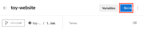 Captura de pantalla de Azure DevOps que muestra la canalización, con el botón Ejecutar resaltado.