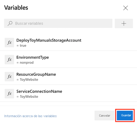 Captura de pantalla de Azure DevOps que muestra el editor de variables de la canalización, con el botón Guardar resaltado.