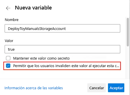 Captura de pantalla de Azure DevOps que muestra el editor de variables de la canalización.