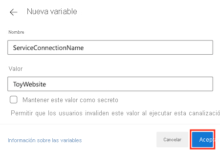 Captura de pantalla de Azure DevOps que muestra el editor de variables de la canalización, con el botón Aceptar resaltado.